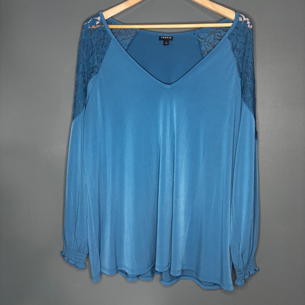 torrid Blue V-Neck Long Sleeve Top with Lace Shoulders